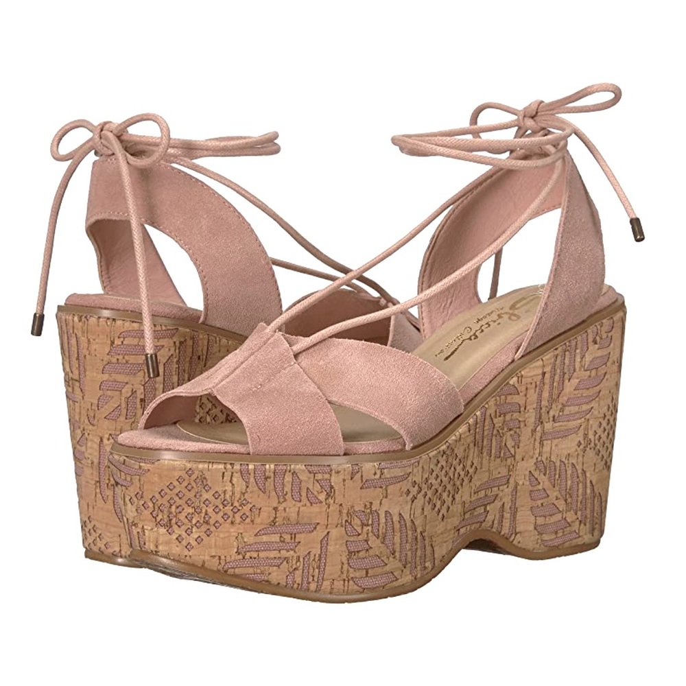 SBICCA Staycation Suede Ankle Wrap Tie Platform Wedge Sandals Blush Pink